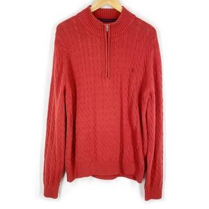 Izod Cable Knit Sweater Red Quarter Zip 100% Cotton Long Sleeve Midweight XXL